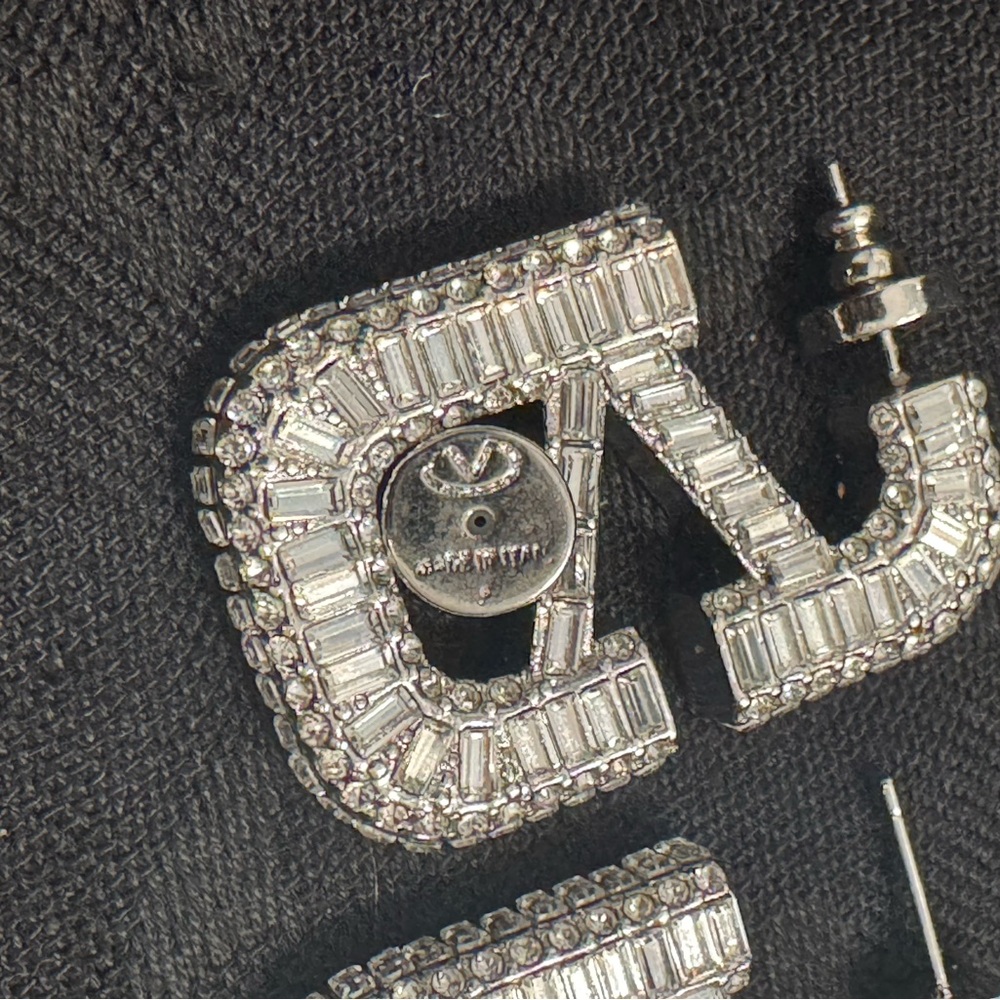 Valentino V Logo Silver Crystal Baguette Earrings - Picture 7 of 7